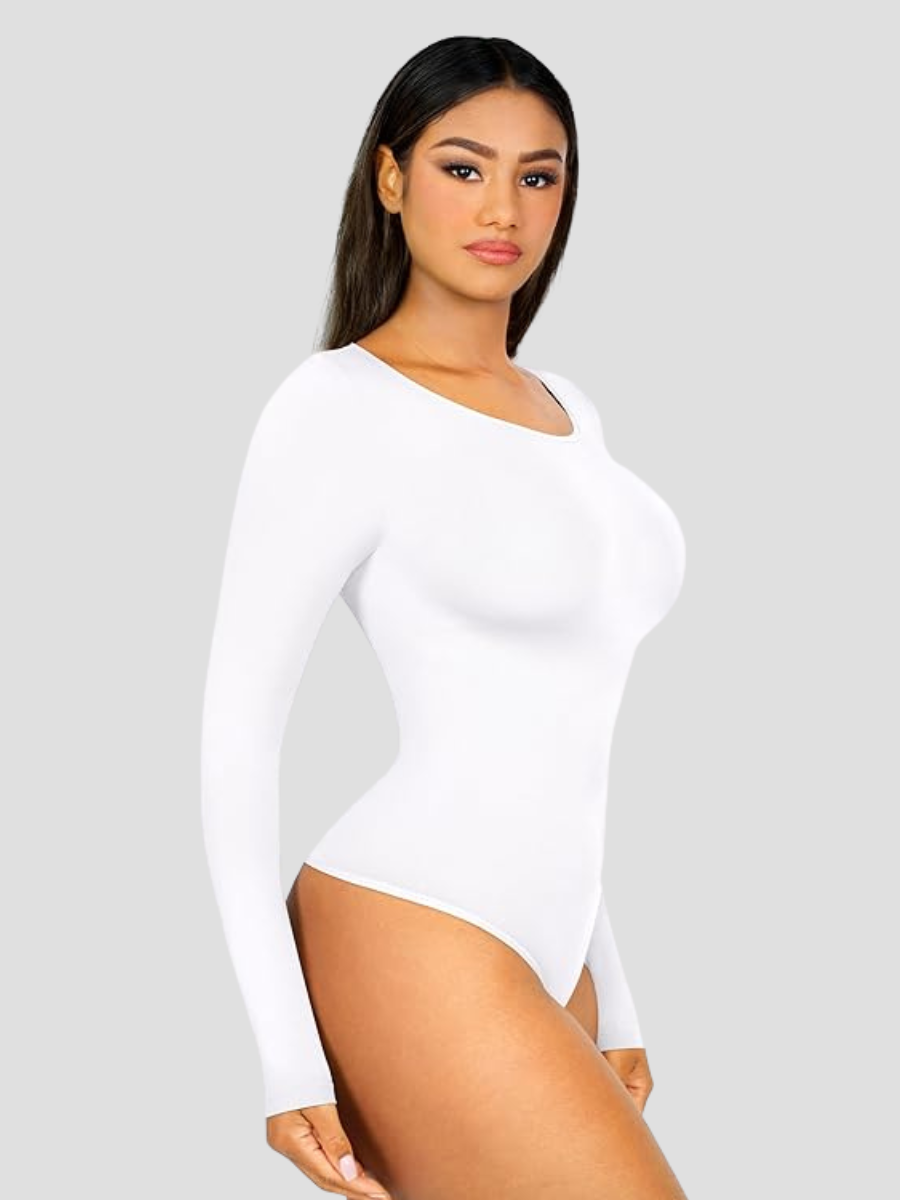 Shapewear, shaping bodysuit compression white outerwear shapewear compression long sleeve bodysuit, Outerwear shapewear, shapewear outerwear, Waist cinching, Waist snatching, snatched, Hidden shapwear, built-in shapewear, shapewear technology, stretchy, compression, arm slimming, tummy control, body contouring, best shapewear for women, shapewear on sale, Canadian shapewear brand, skims, spanx, popilush, shapermint. Feelin girl.