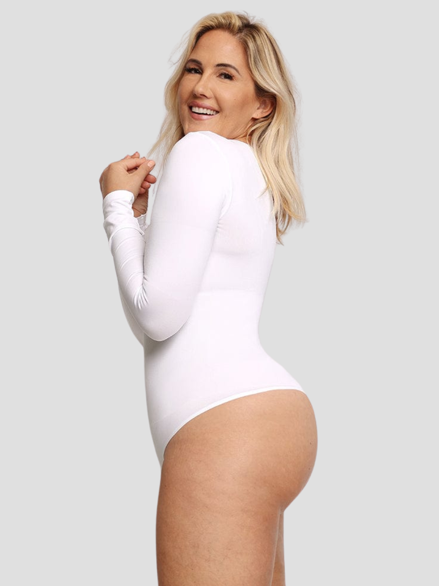 Shapewear, shaping bodysuit compression white outerwear shapewear compression long sleeve bodysuit, Outerwear shapewear, shapewear outerwear, Waist cinching, Waist snatching, snatched, Hidden shapwear, built-in shapewear, shapewear technology, stretchy, compression, arm slimming, tummy control, body contouring, best shapewear for women, shapewear on sale, Canadian shapewear brand, skims, spanx, popilush, shapermint. Feelin girl.