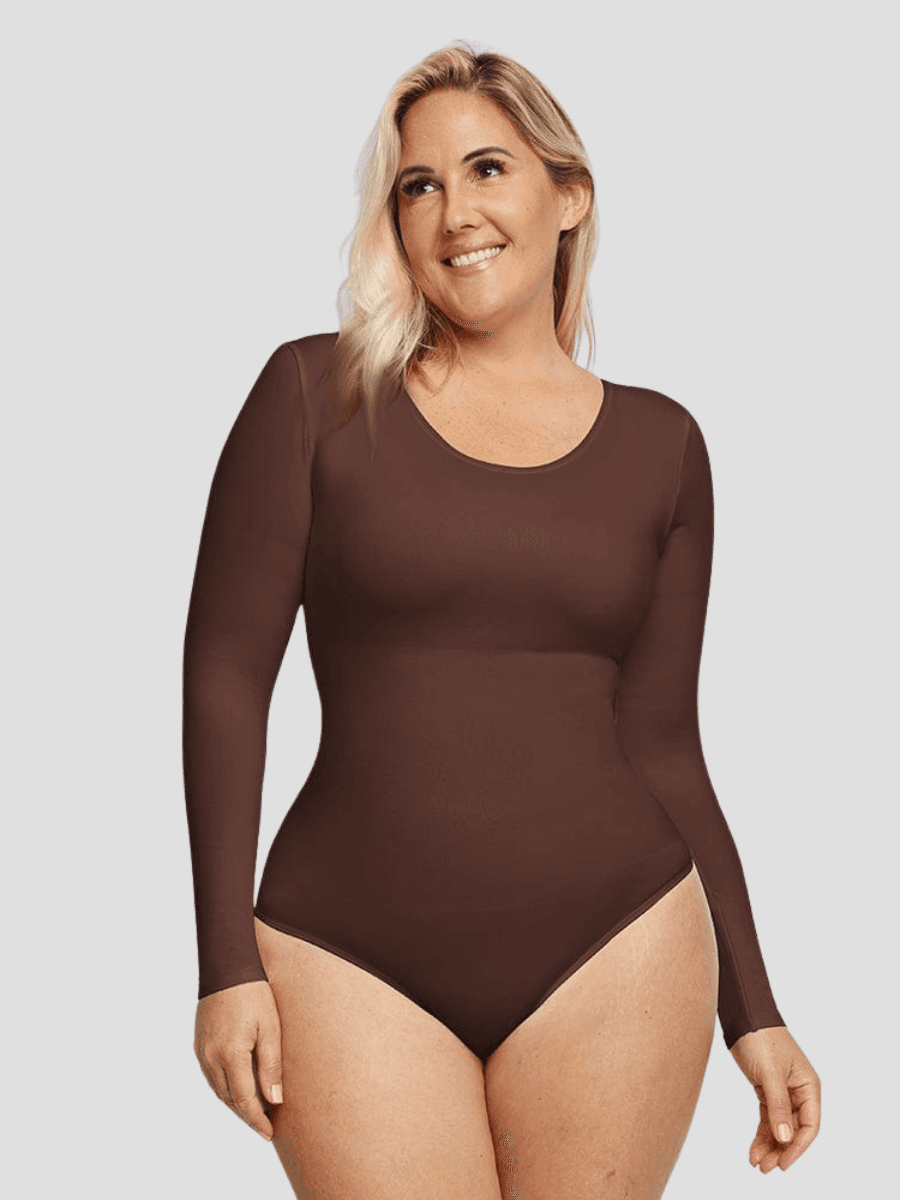 Shapewear, shaping bodysuit compression brown chocolate, Outerwear shapewear, shapewear outerwear, Waist cinching, Waist snatching, snatched, Hidden shapwear, built-in shapewear, shapewear technology, stretchy, compression, arm slimming, tummy control, body contouring, best shapewear for women, shapewear on sale, Canadian shapewear brand, skims, spanx, popilush, shapermint. Feelin girl.