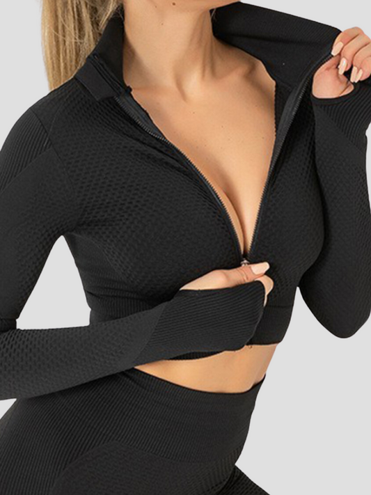 Cropped athletic set top with zipper stretchy jacket, workout outfit, athleisure, activewear, activewear sets, workout clothes for women, sweat-wicking, high compression, cellulite smoothing, BBL Jacket, plus size gym outfits, workout wear, gym wear, athletic outfits, nike, under armour, adidas, puma, champion, bombshell activewear, gymshark women, Girlfriend Collective, lululemon, Alo Yoga, Bandier, Athleta, Athletica, Fabletics, Revenge body, Black.