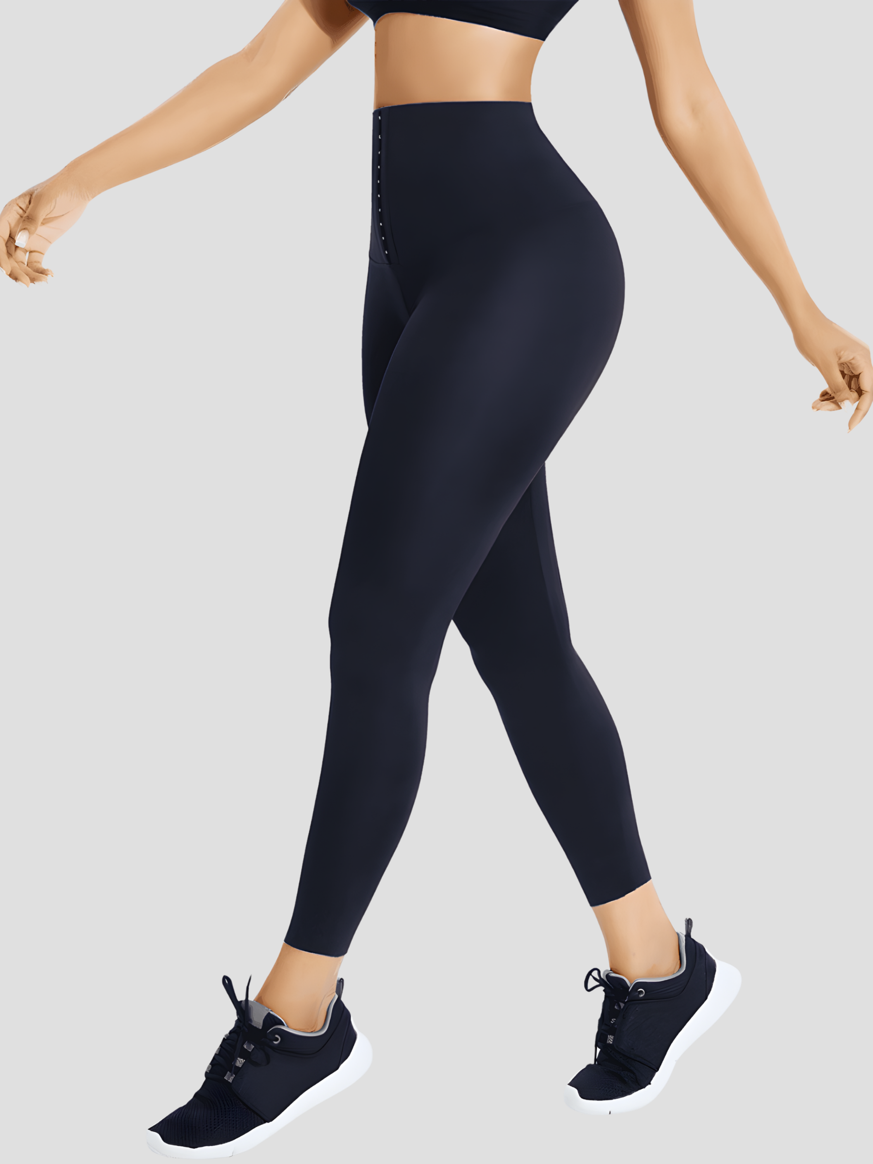 Woman walking in blue high waisted corset leggings for tummy-control and cellulite-smoothing by BodyFlexx Shapewear.