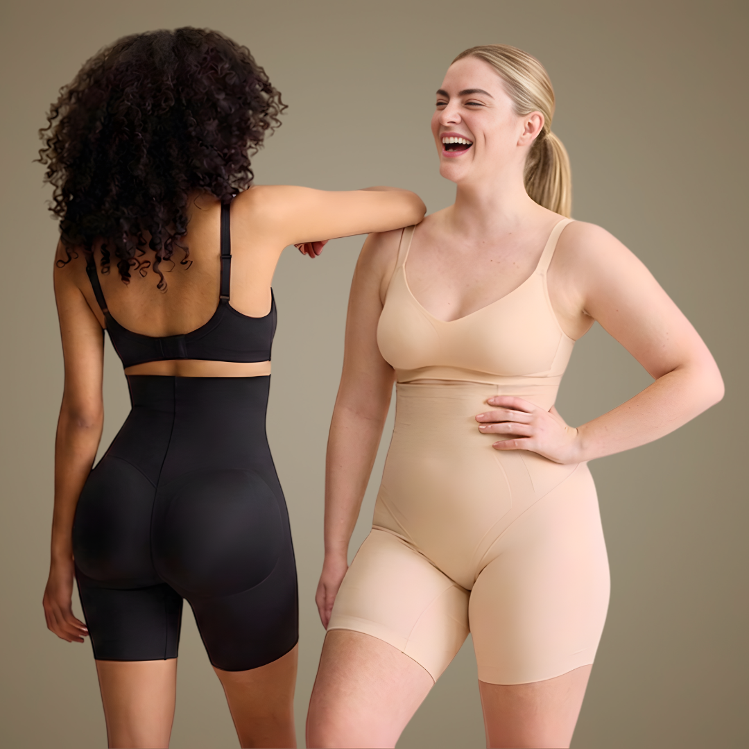 Two friends laughing and wearing  a BodyFlexx Shapewear bodysuit in nude beige color and black high waisted tummy-control padded shaping briefs,