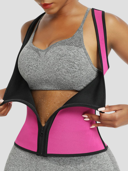 Sauna activewear vest being unzipped in the front by a woman showing her sweat covered stomach after working out. The vest is hot pink and black.