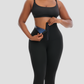 Woman opening the corset closure on BodyFlexx Shapewear's black Sauna Sweat Belt Leggings.