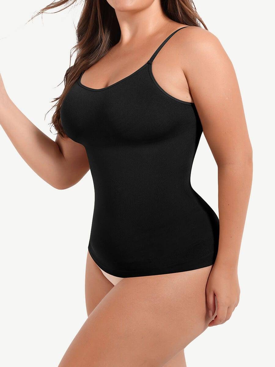 Woman wearing a black shaping camisole with tummy control by BodyFlexx Shapewear.