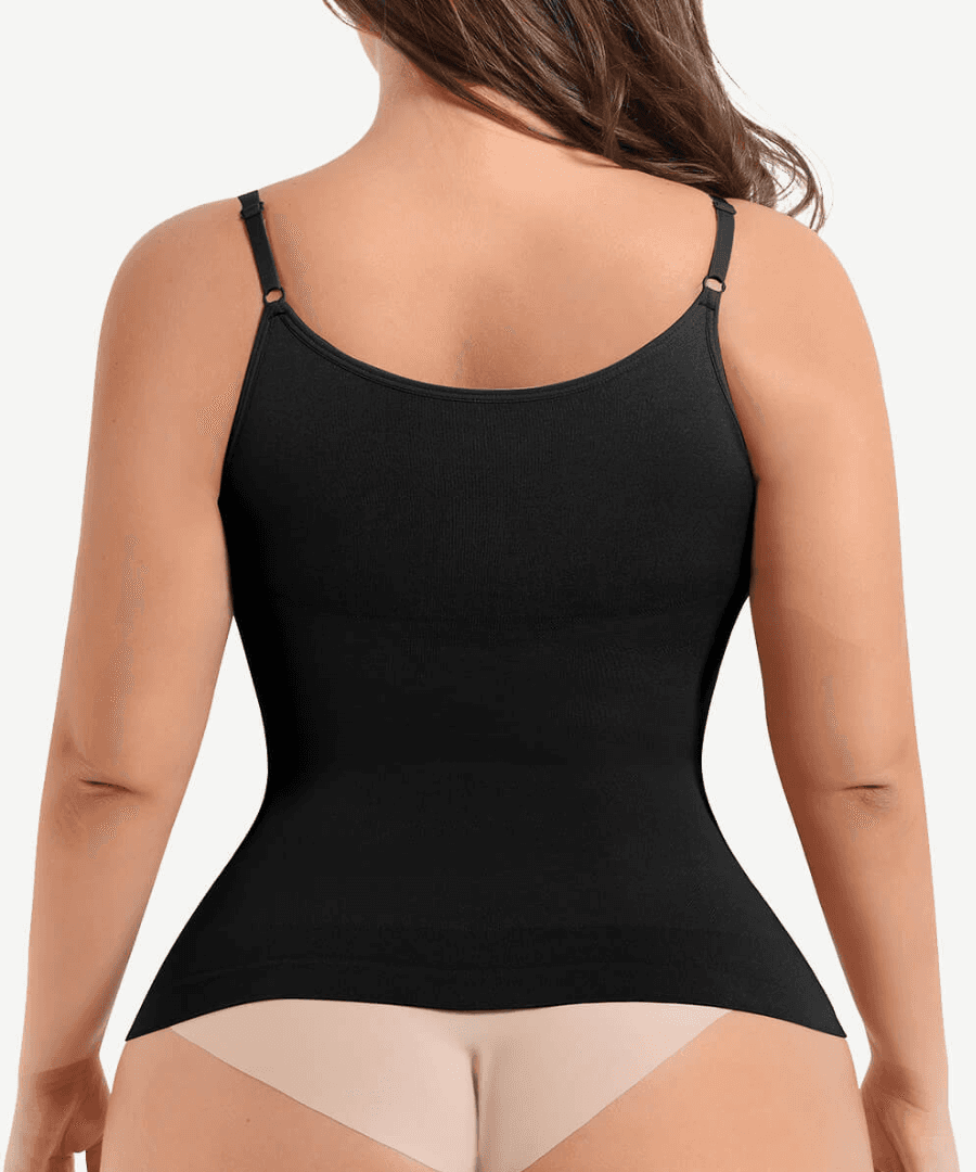 Woman wearing a black shaping camisole by BodyFlexx Shapewear.